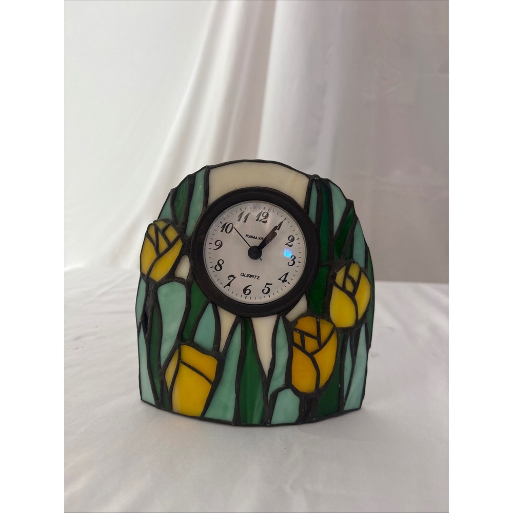 Forma Vitrum Stained Glass Tulip Desk Clock Vintage Floral Yellow Green Quartz